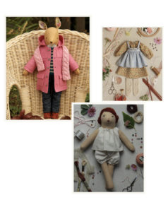 photos of softie kits and the finished product: doll, animal and clothes