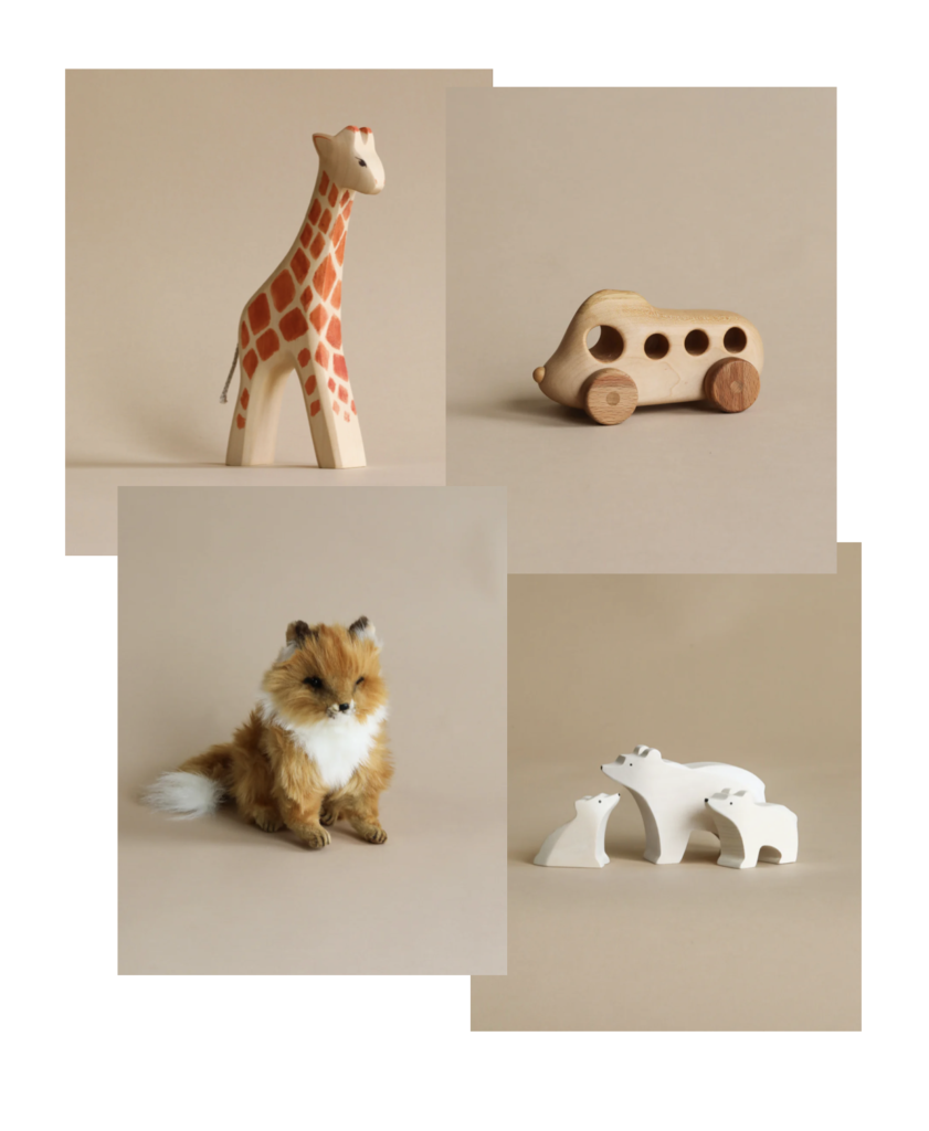 a collection of heirloom quality preschooler toys, wooden and stuffed animals