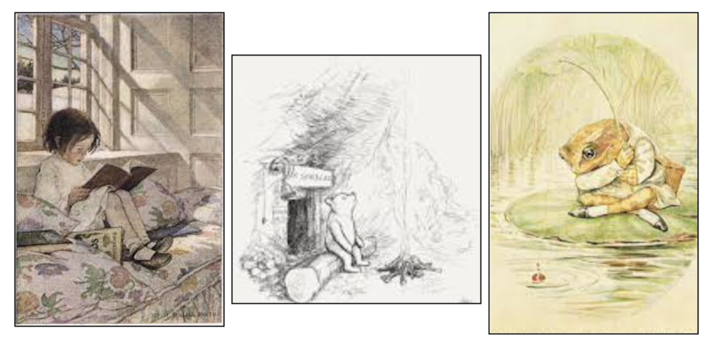 3 images of classic children's art including Winnie the Pooh and artists Jessie Wilcox Smith and Beatrix Potter suggestions when creating a child's bedroom sanctuary