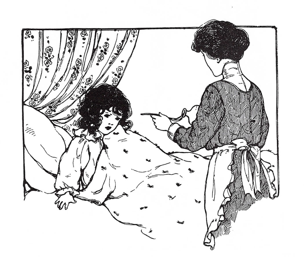 vintage black and white sketch of a preschooler sick in a cozy bed with mom nurturing through sick days at home and giving her young child medicine