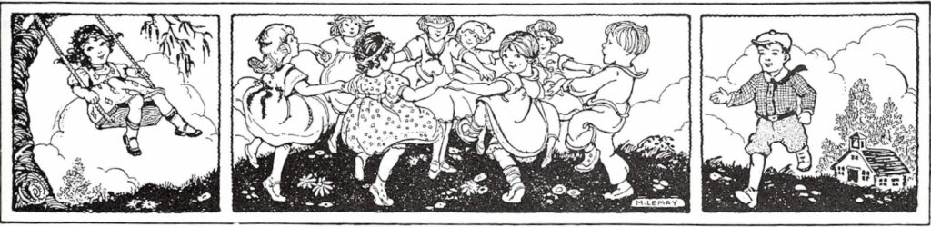 black and white vintage image of preschoolers back to school dancing and playing outside together