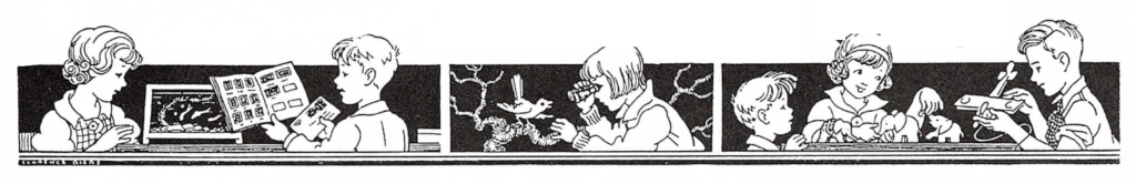 black and white vintage illustrations of preschoolers enjoying preschooler activities from the best at home preschool curriculum, playful preschool curriculum with picture book lesson plans