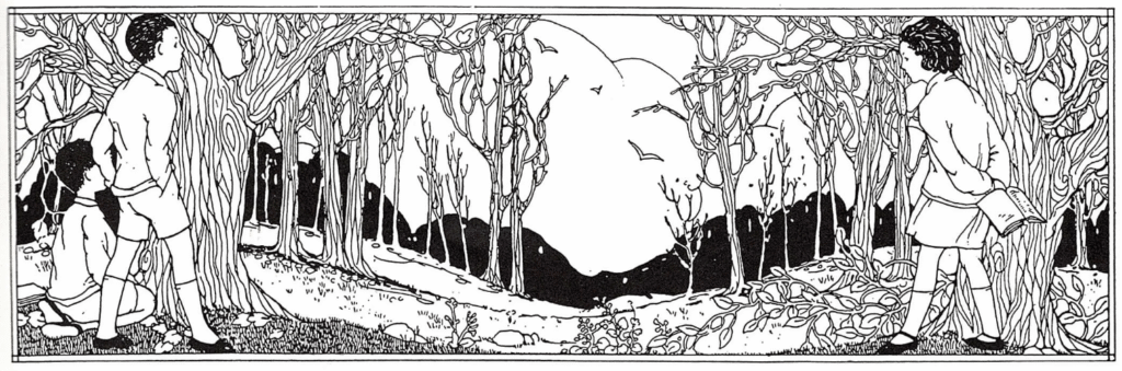 black and white vintage illustration of preschoolers outside in a forest exploring tactile experiences from their playful preschool curriculum